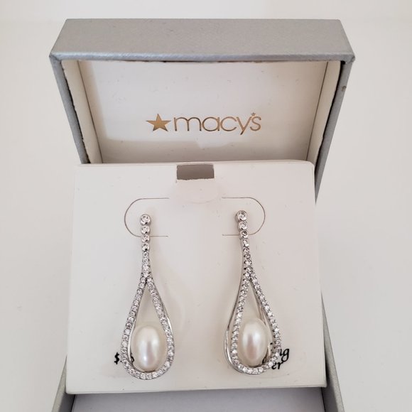 Macy s Cultured Pearl Bridal Drops Earrings SS 8MM CZ - Picture 2 of 3